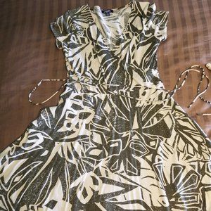 Olive and Tan Botanical Print Faux Wrap Dress